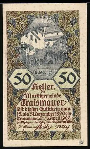 Notgeld Traismauer 1920, 50 Heller, Schlosshof-Motiv mit Laubrahmen