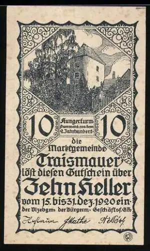 Notgeld Traismauer 1920, 10 Heller, Hungerturm aus dem 8. Jahrhundert