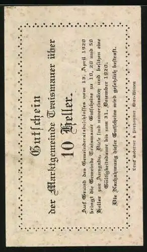 Notgeld Traismauer 1920, 10 Heller, Hungerturm aus dem 8. Jahrhundert