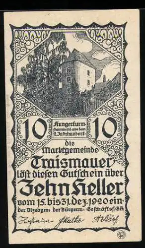 Notgeld Traismauer 1920, 10 Heller, Hungerturm-Motiv aus dem 13. Jahrhundert