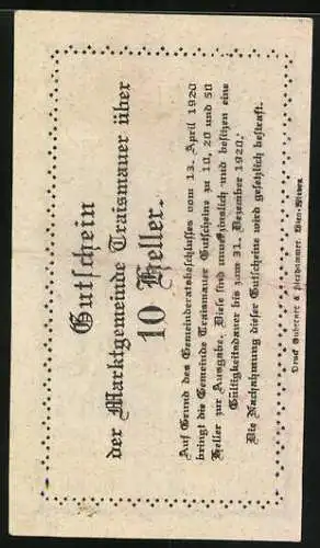 Notgeld Traismauer 1920, 10 Heller, Hungerturm-Motiv aus dem 13. Jahrhundert