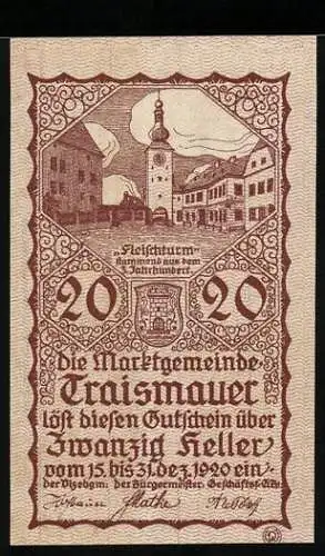 Notgeld Traismauer 1920, 20 Heller, Fleischerturm und Stadtansicht