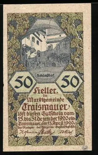 Notgeld Traismauer 1920, 50 Heller, Schlossmotiv mit Weinlaubdekor