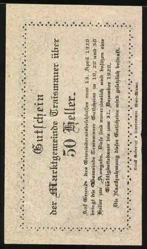 Notgeld Traismauer 1920, 50 Heller, Schlossmotiv mit Weinlaubdekor