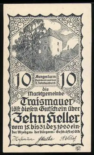 Notgeld Traismauer 1920, 10 Heller, Hungerturm-Abbildung aus dem 9. Jahrhundert