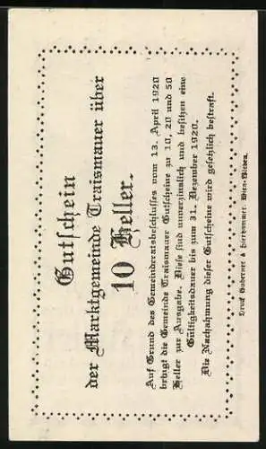 Notgeld Traismauer 1920, 10 Heller, Hungerturm-Abbildung aus dem 9. Jahrhundert