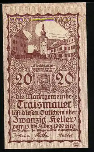 Notgeld Traismauer 1920, 20 Heller, Stadtszene mit Fleischerturm, Wappen der Marktgemeinde