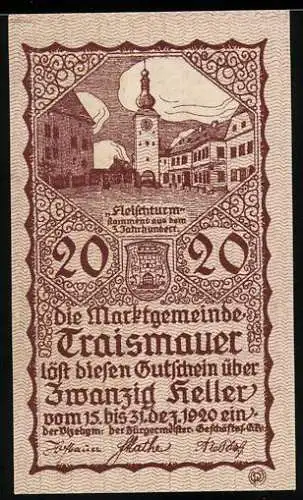 Notgeld Traismauer 1920, 20 Heller, Fleischturm und Stadtansicht, Wappen der Markgemeinde