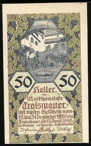 Notgeld Traismauer 1920, 50 Heller, Schulhof-Motiv mit Weinlaubrahmen