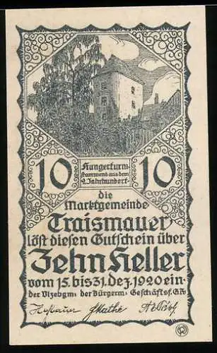 Notgeld Traismauer 1920, 10 Heller, Hungerturm im Rahmenornament