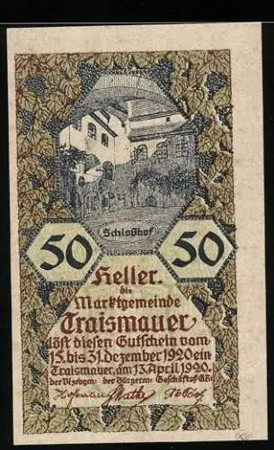 Notgeld Traismauer 1920, 50 Heller, Schlossmotiv umrahmt von Blättern