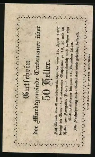 Notgeld Traismauer 1920, 50 Heller, Schlossmotiv umrahmt von Blättern