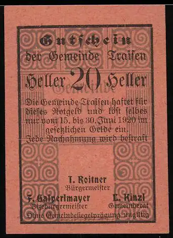 Notgeld Traisen 1920, 20 Heller, geometrisches Muster, Seriennummer 28251