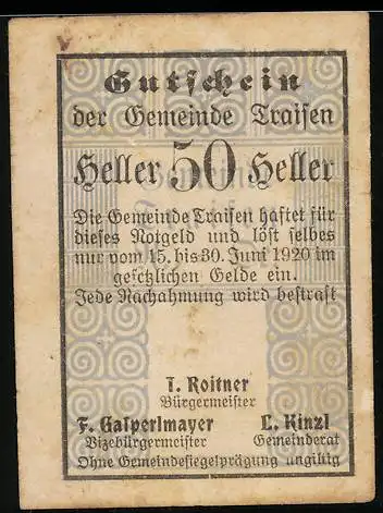 Notgeld Traisen 1920, 50 Heller, Textmotiv mit Seriennummer 14107