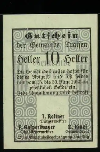 Notgeld Traisen 1920, 10 Heller, Text mit Verzierungen, Seriennummer 33192