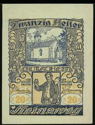 Notgeld Steinaweg 1920, 20 Heller, Kirche und Mann mit Wappenzeichnung