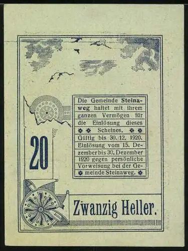 Notgeld Steinaweg 1920, 20 Heller, Kirche und Mann mit Wappenzeichnung