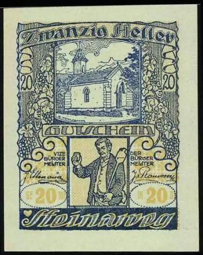 Notgeld Steinaweg 1920, 20 Heller, Kirche und Mann mit Krug, Text über Gültigkeit