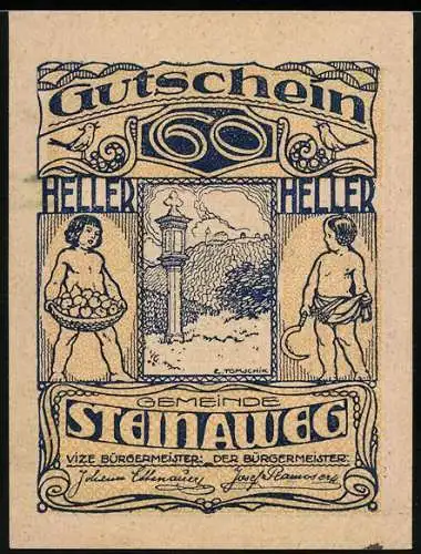 Notgeld Steinaweg 1920, 60 Heller, Kinder mit Früchten und Landschaftsmotiv