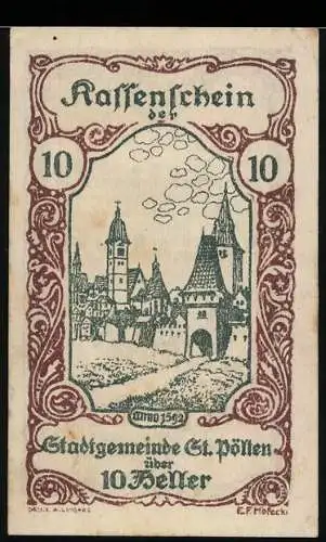 Notgeld St. Pölten 1920, 10 Heller, historische Stadtansicht von 1592, Wappen, Unterschriften