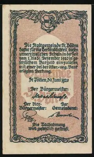 Notgeld St. Pölten 1920, 10 Heller, historische Stadtansicht von 1592, Wappen, Unterschriften