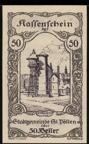 Notgeld St. Pölten 1920, 50 Heller, Stadtansicht mit Wasserturm, Seriennummer und Wappen