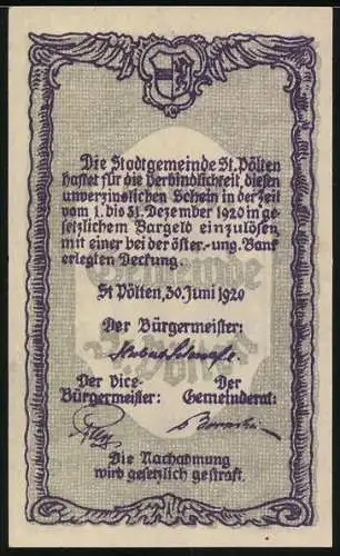 Notgeld St. Pölten 1920, 50 Heller, Stadtansicht mit Wasserturm, Seriennummer und Wappen