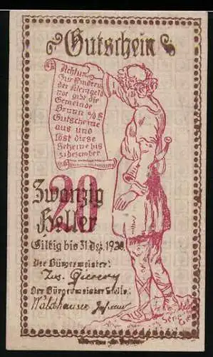 Notgeld Brunn 1920, 20 Heller, mit Mann und Inschrift, Gültigkeitsdatum und Verzierung