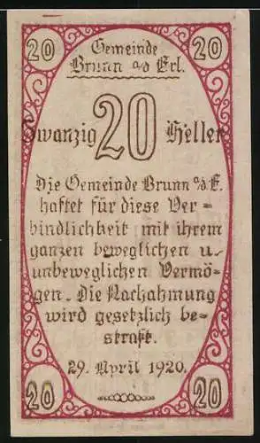 Notgeld Brunn 1920, 20 Heller, mit Mann und Inschrift, Gültigkeitsdatum und Verzierung