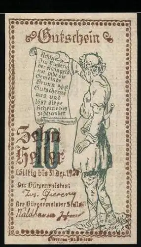 Notgeld Brunn 1920, 10 Heller, Mann mit Schriftrolle, Gültigkeitstext