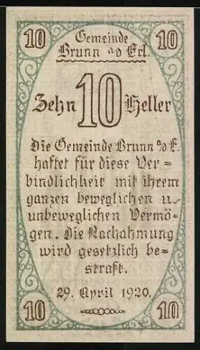 Notgeld Brunn 1920, 10 Heller, Mann mit Schriftrolle, Gültigkeitstext