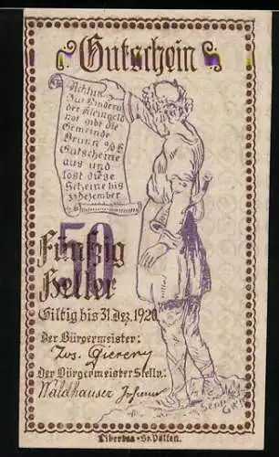 Notgeld Brunn 1920, 50 Heller, Mann mit Tafel und Textornamenten