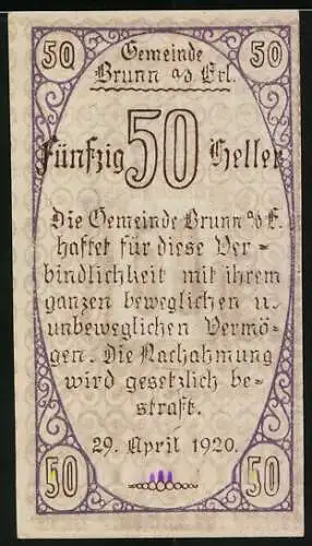 Notgeld Brunn 1920, 50 Heller, Mann mit Tafel und Textornamenten