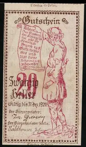 Notgeld Brunn 1920, 20 Heller, Mann mit Dudelsack und Inschrift, Gültigkeitstext und Verzierung