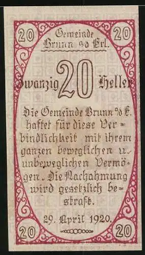 Notgeld Brunn 1920, 20 Heller, Mann mit Dudelsack und Inschrift, Gültigkeitstext und Verzierung