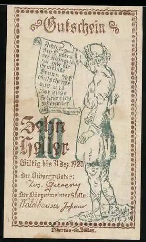 Notgeld Brunn 1920, 10 Heller, Figur mit Schriftrolle und Text über Haftung und Strafe