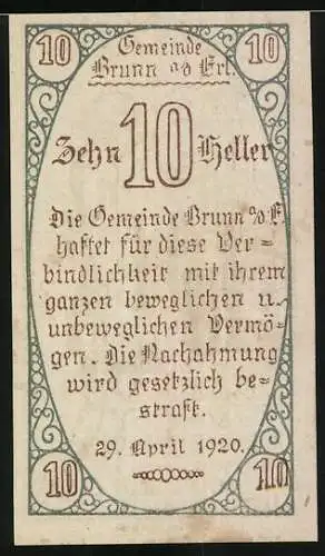 Notgeld Brunn 1920, 10 Heller, Figur mit Schriftrolle und Text über Haftung und Strafe