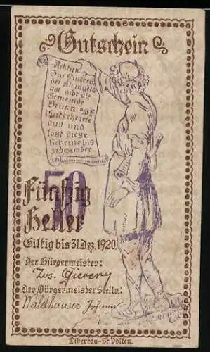 Notgeld Brunn 1920, 50 Heller, Mann mit Schriftrolle und Verzierungsmuster