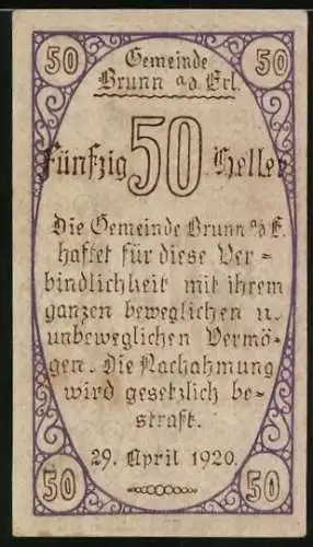 Notgeld Brunn 1920, 50 Heller, Mann mit Schriftrolle und Verzierungsmuster