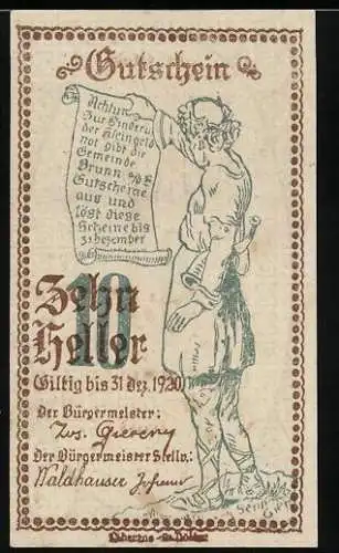 Notgeld Brunn 1920, 10 Heller, Mann mit Schriftrolle, Gültigkeitstext, 29. April 1920