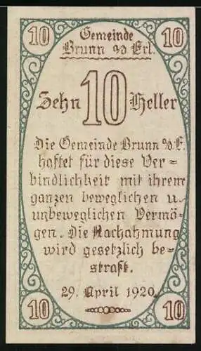 Notgeld Brunn 1920, 10 Heller, Mann mit Schriftrolle, Gültigkeitstext, 29. April 1920