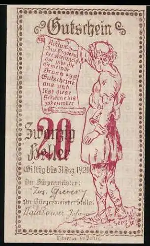 Notgeld Brunn 1920, 20 Heller, Mann mit Schriftrolle und dekorativer Textumrandung