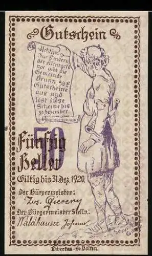 Notgeld Brunn 1920, 50 Heller, Mann mit Pergamentrolle