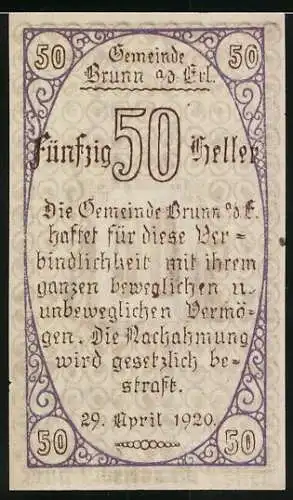 Notgeld Brunn 1920, 50 Heller, Mann mit Pergamentrolle