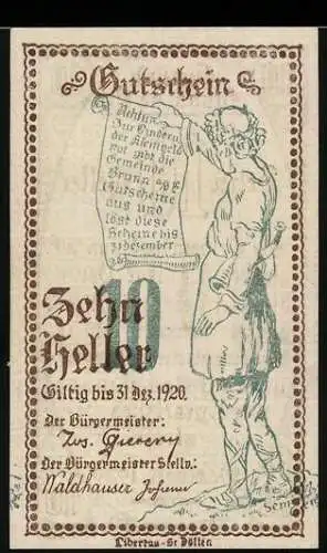 Notgeld Brunn 1920, 10 Heller, Mann mit Schriftrolle und Schriftzug, gültig bis 31. Dezember 1920