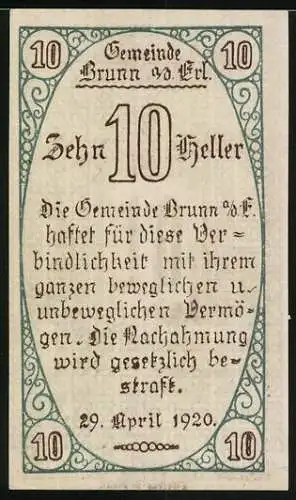 Notgeld Brunn 1920, 10 Heller, Mann mit Schriftrolle und Schriftzug, gültig bis 31. Dezember 1920