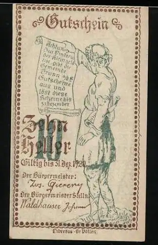 Notgeld Brunn am Gebirge 1920, 10 Heller, Mann mit Schriftrolle und Texttafel