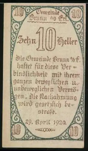 Notgeld Brunn am Gebirge 1920, 10 Heller, Mann mit Schriftrolle und Texttafel