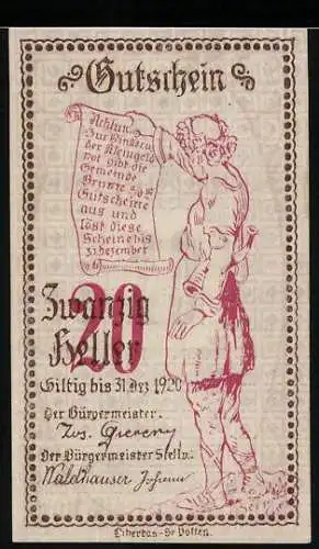 Notgeld Brunn 1920, 20 Heller, Mann mit Pergamentrolle, gesetzlicher Hinweis