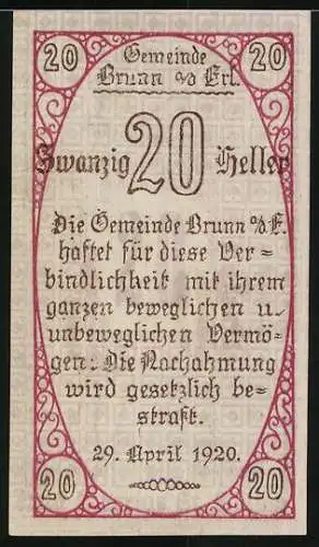 Notgeld Brunn 1920, 20 Heller, Mann mit Pergamentrolle, gesetzlicher Hinweis
